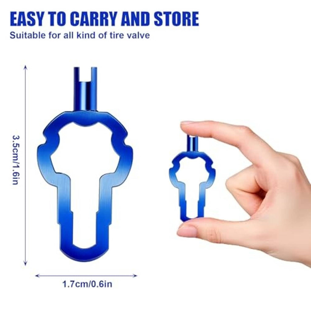 Blue compact Presta valve core removal tool held in hand, 4-in-1 design.