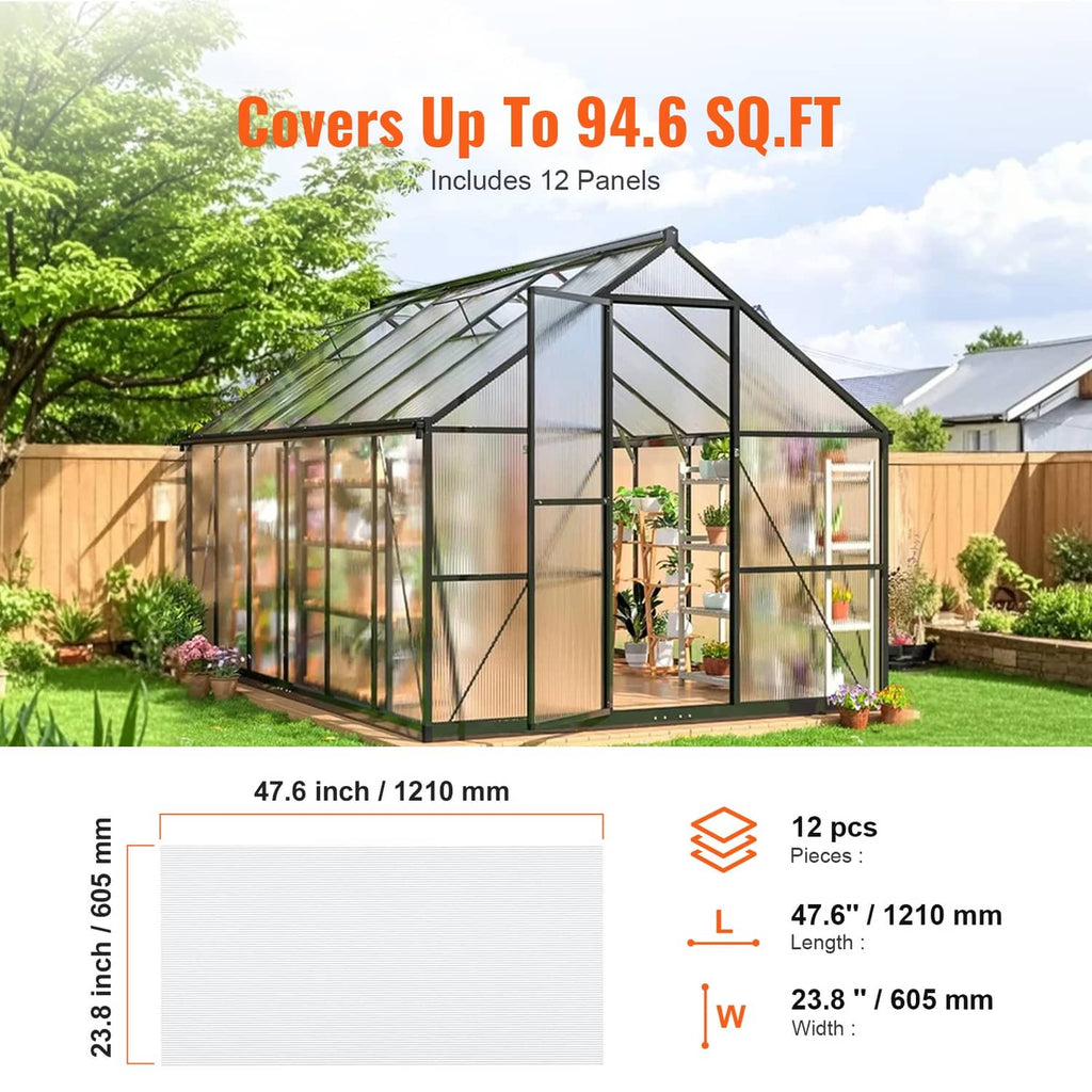 12-pack clear polycarbonate greenhouse panels for roof and wall coverage with size labels