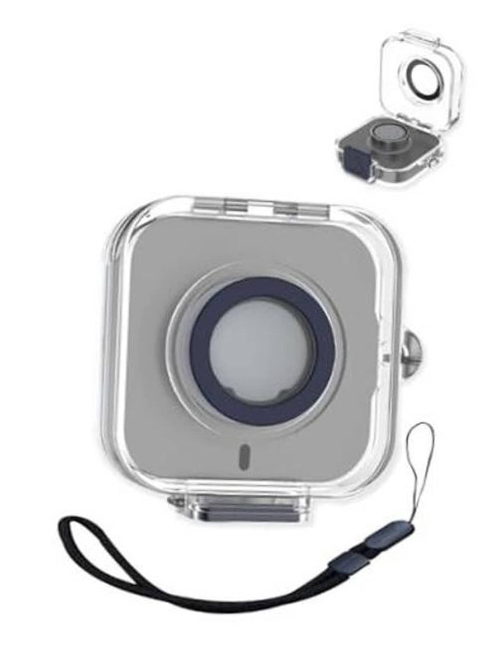 Clear shockproof charger case with blue circular insert and strap loop, open lid