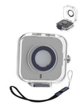 Clear shockproof charger case with blue circular insert and strap loop, open lid