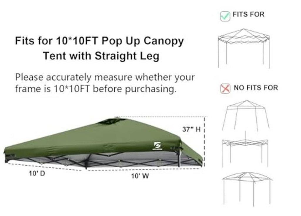 Green pop-up canopy replacement top cover with air vent, size diagram preview