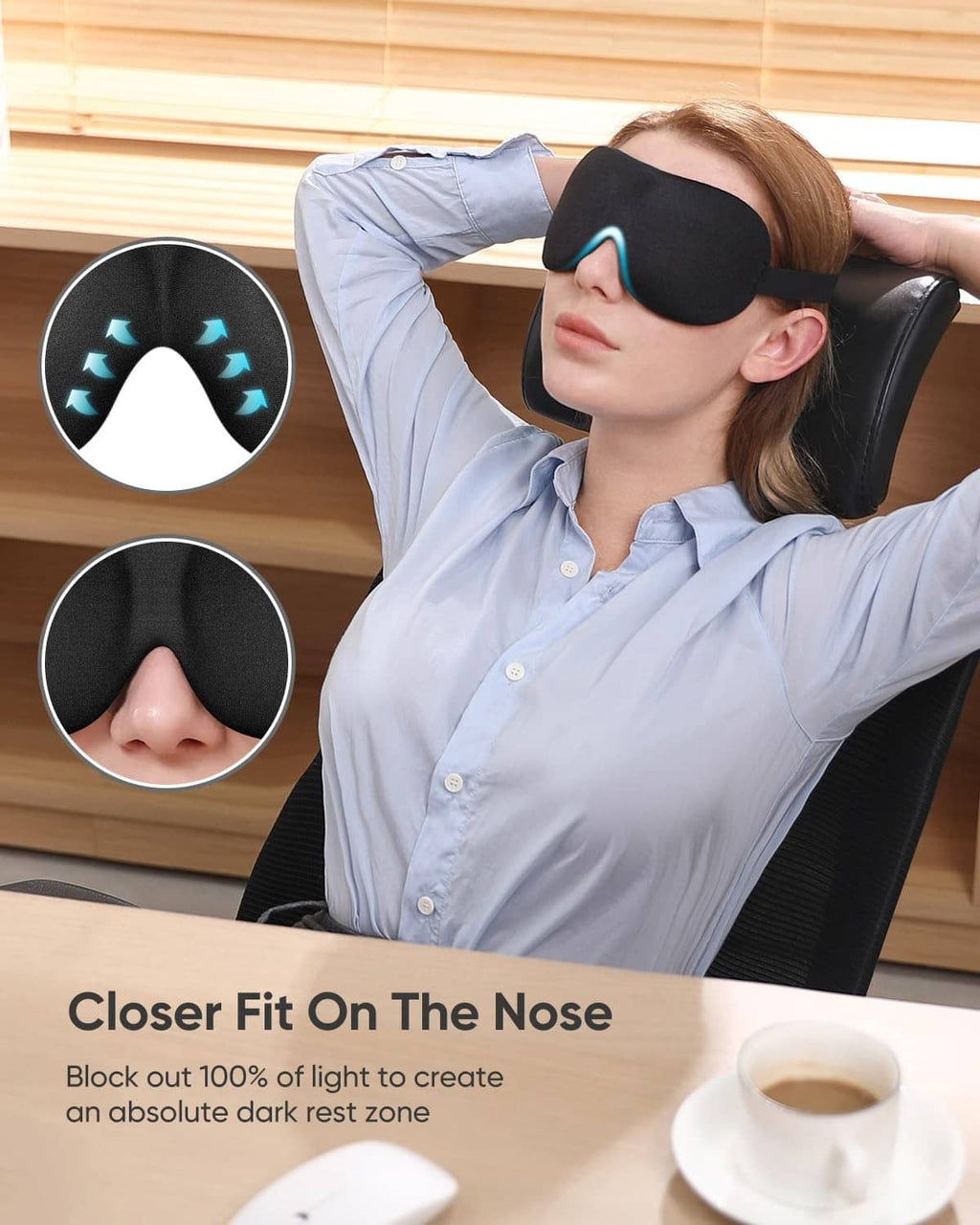 Black sleep mask with teal trim and nose contour opening