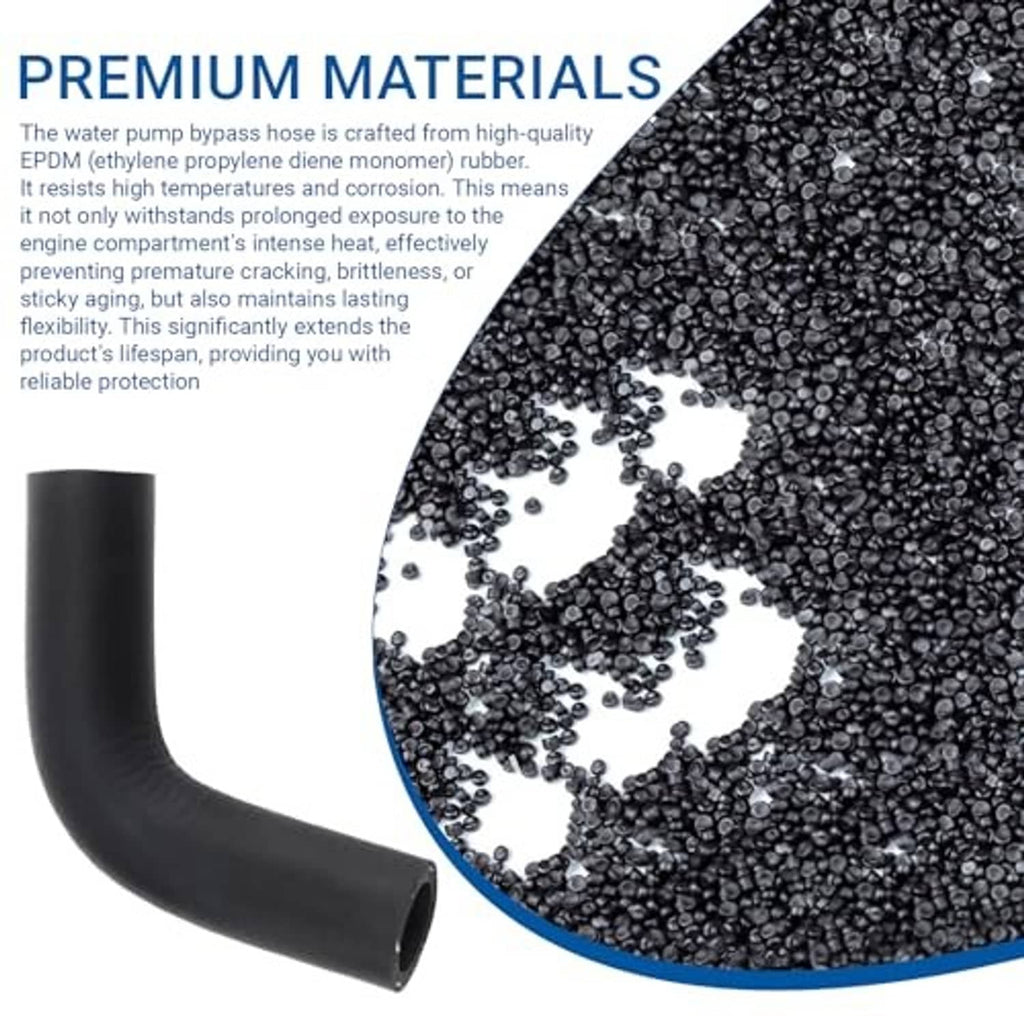 Black molded hose elbow with close-up view of rubber compound pellets