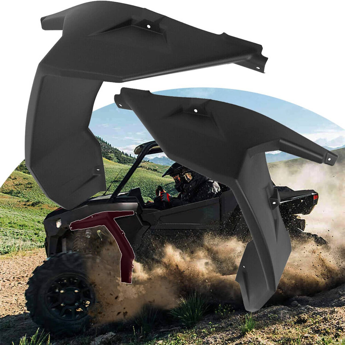 Black front fender flare set with mounting holes and curved side coverage