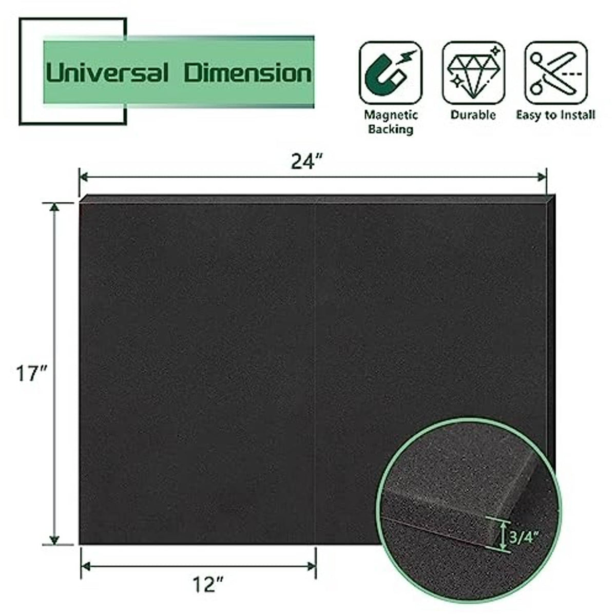 Black drip cushion panel for window AC, shown with size measurements 24 x 17 in