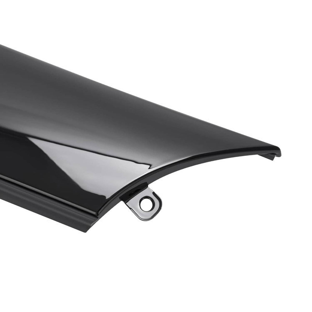 Windshield pillar trim molding corner detail with circular mounting hole