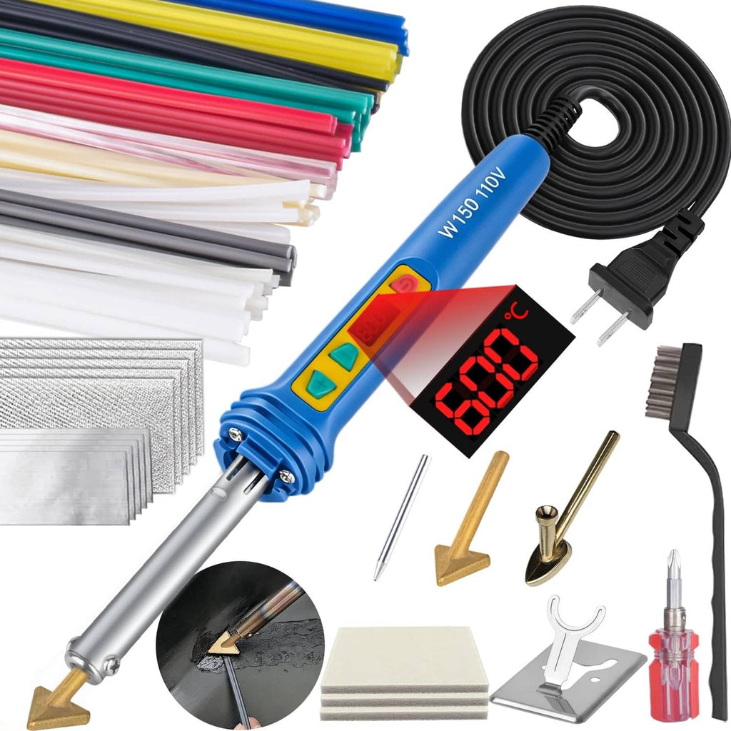 Blue digital plastic welder with LED display, metal tip, and power cord