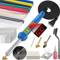 Blue digital plastic welder with LED display, metal tip, and power cord