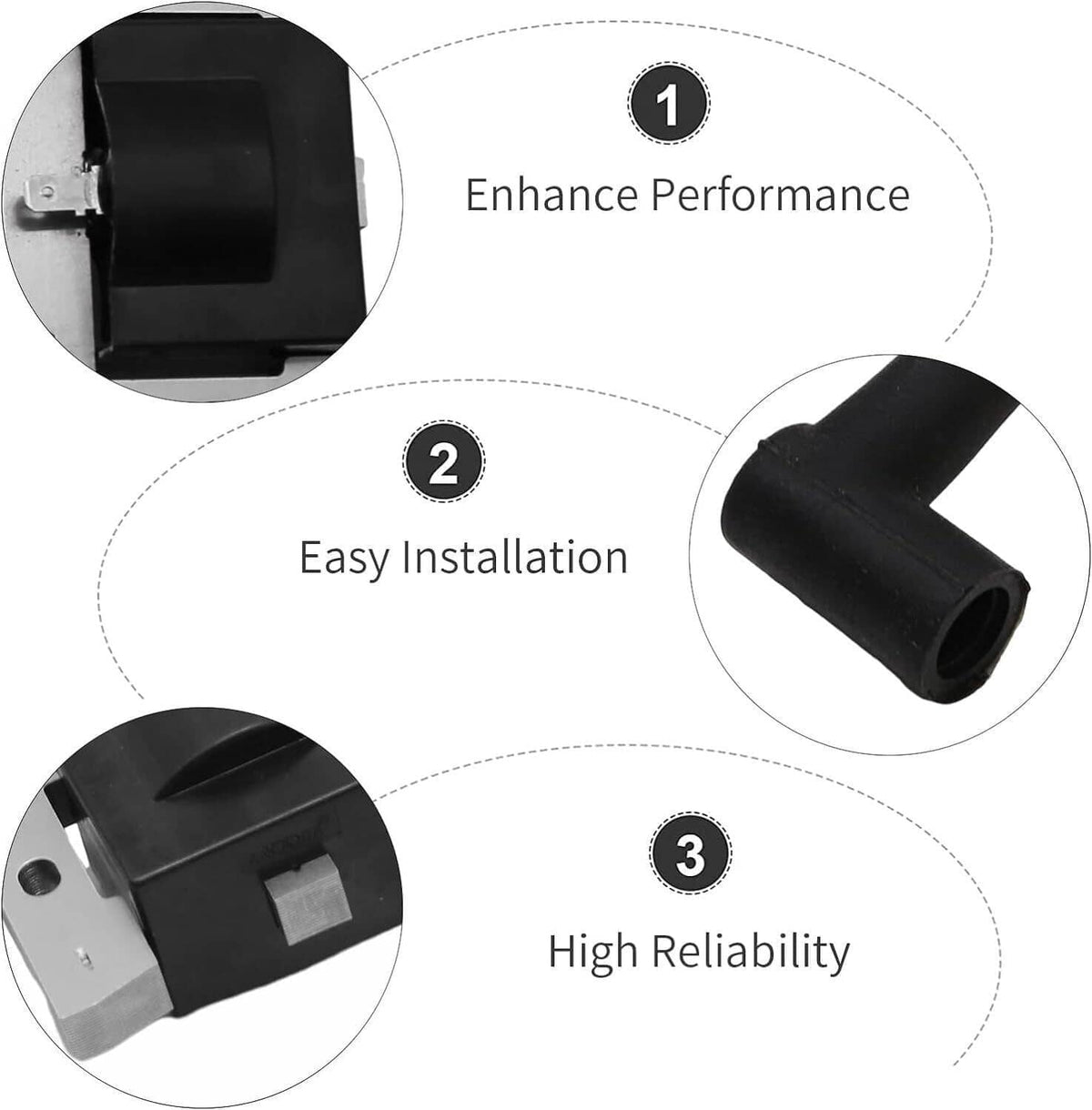 Ignition module with black coil and bracket, showing inset durability and installation icons