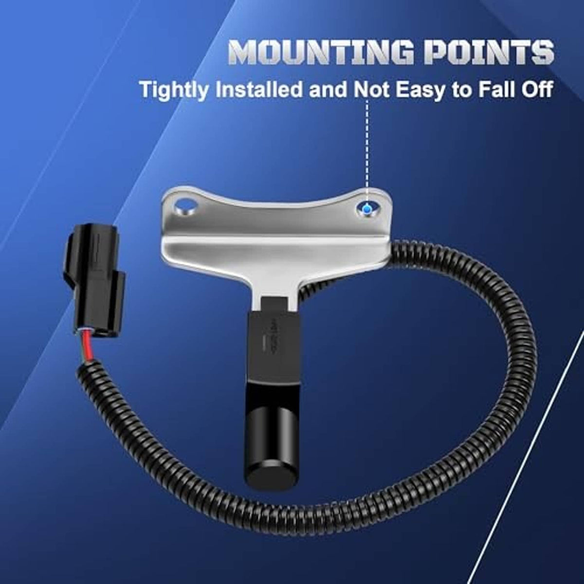 Crankshaft position sensor with mounting bracket and coiled cable, side view