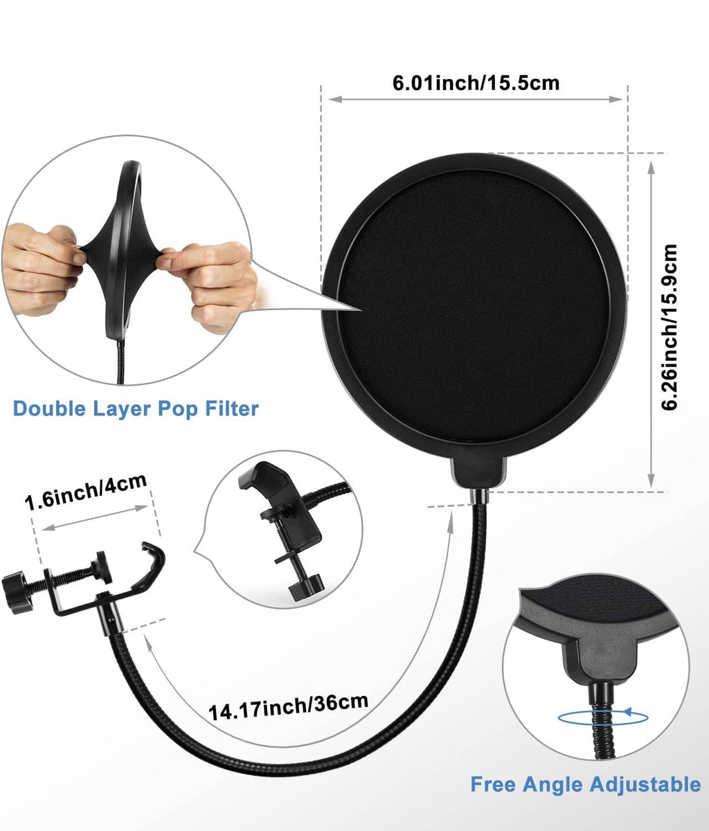 Round black double-layer pop filter with flexible gooseneck and desktop mount