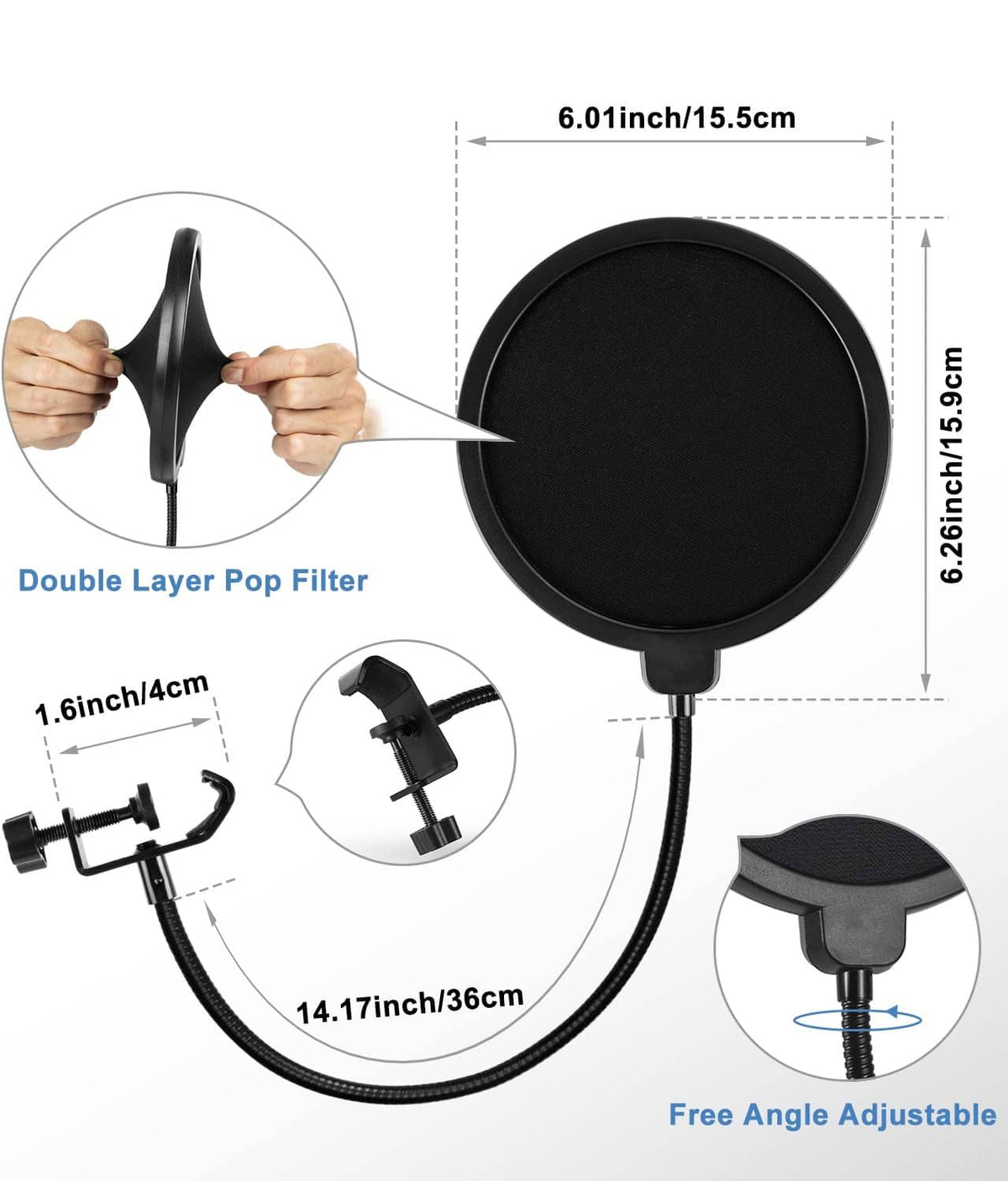 Round black double-layer pop filter with flexible gooseneck and desktop mount