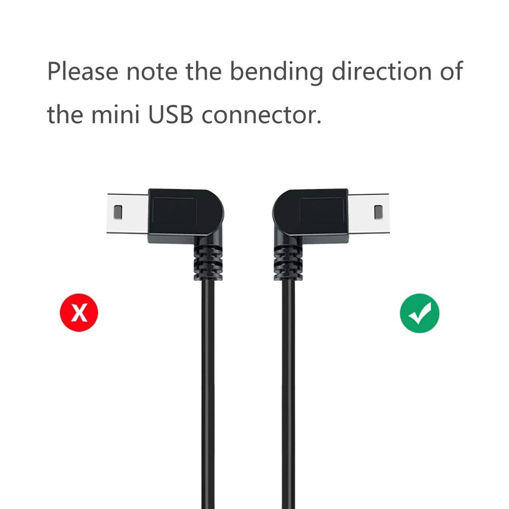 USB-A to mini USB charging cable with angled mini USB connector, black cord