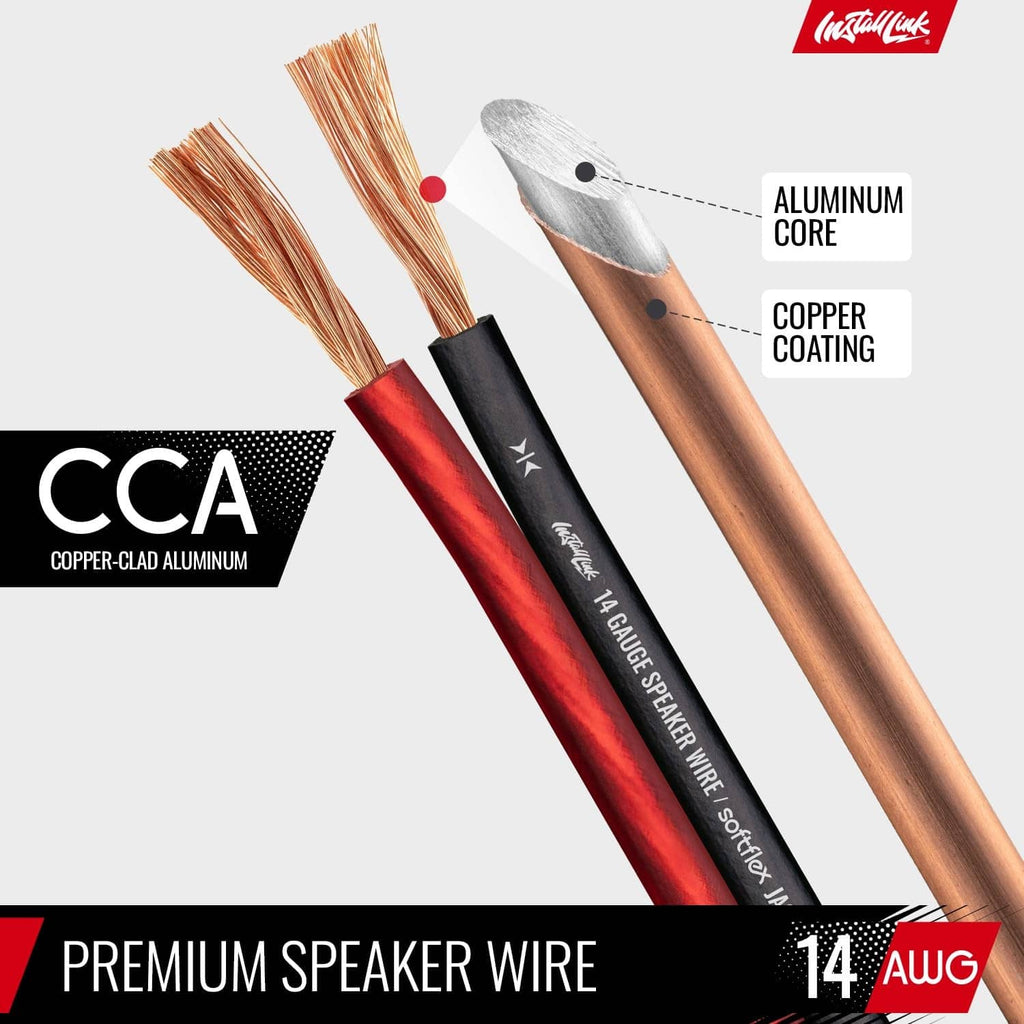 Red-and-black 14 AWG speaker wire showing CCA and aluminum core construction