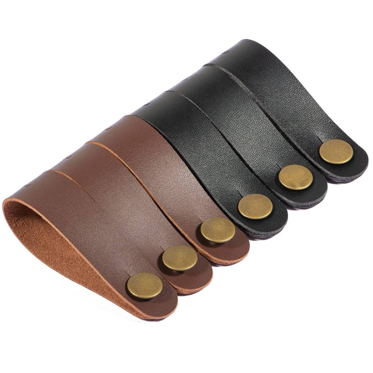 Leather guitar headstock strap tie adapters in black and brown with brass button rivets