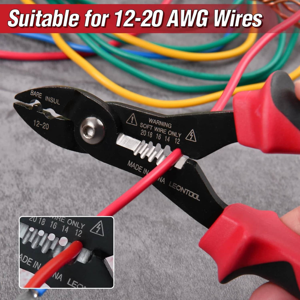 Red and black wire stripper crimper pliers marked for 12-20 AWG insulated wire