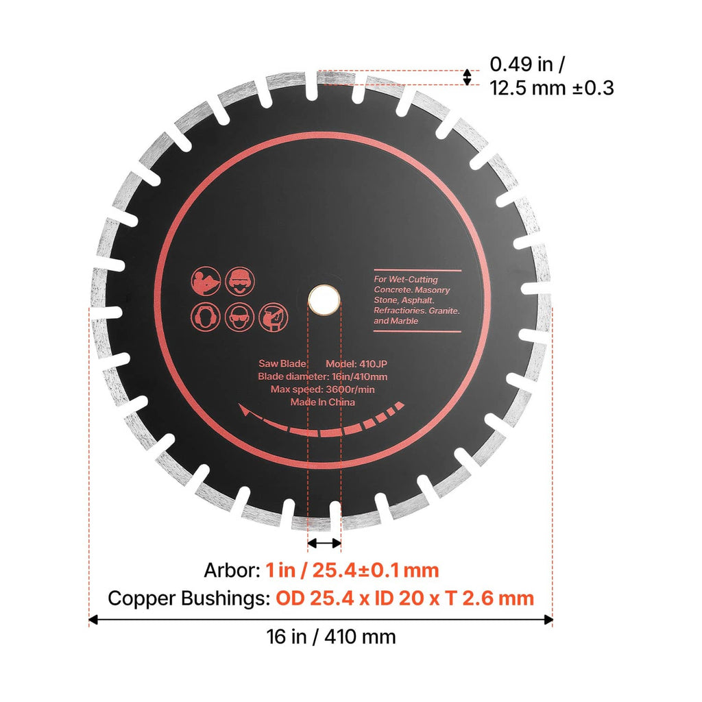 16 in diamond blade with 1 in arbor opening and copper bushing dimension markings