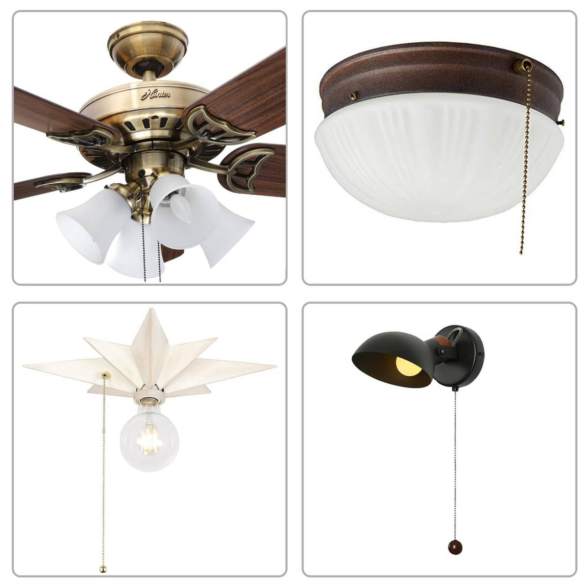 Ceiling pull chain light switch on fixture canopy with brown chain and white glass shade