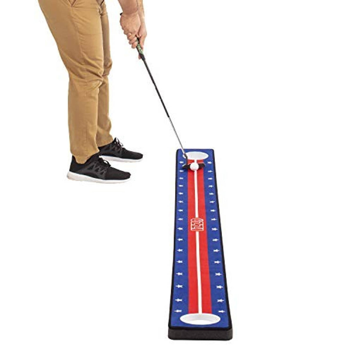 Golf putting mat with putter positioned; blue felt with red stripe and white measurement lines.