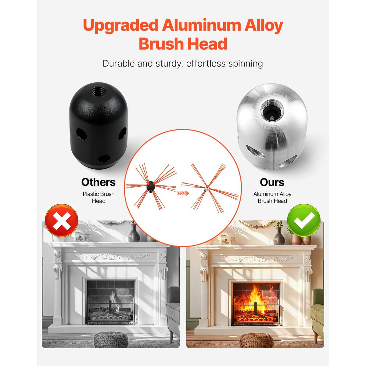 Aluminum alloy chimney brush head with orange bristles and connector end