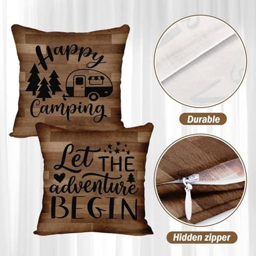 Brown RV dinette cushion cover set with “Happy Camping” and “Let the adventure begin”; zipper shown
