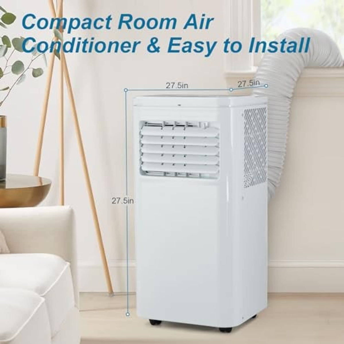 White portable air conditioner front view with compact body and vent louvers