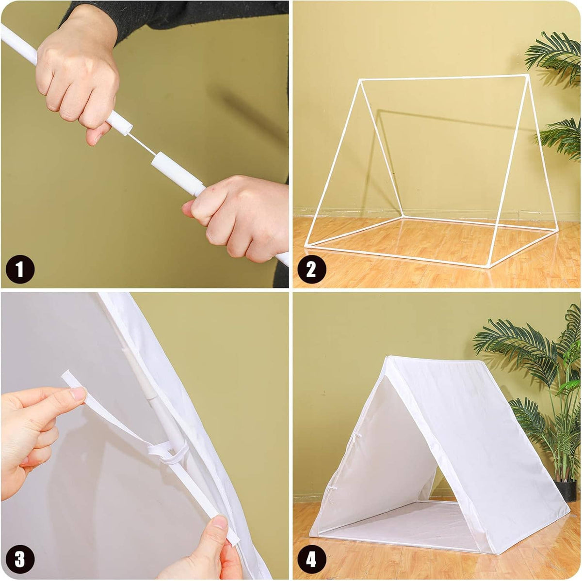 Hands inflating a white teepee sleep tent with an air pump and tube