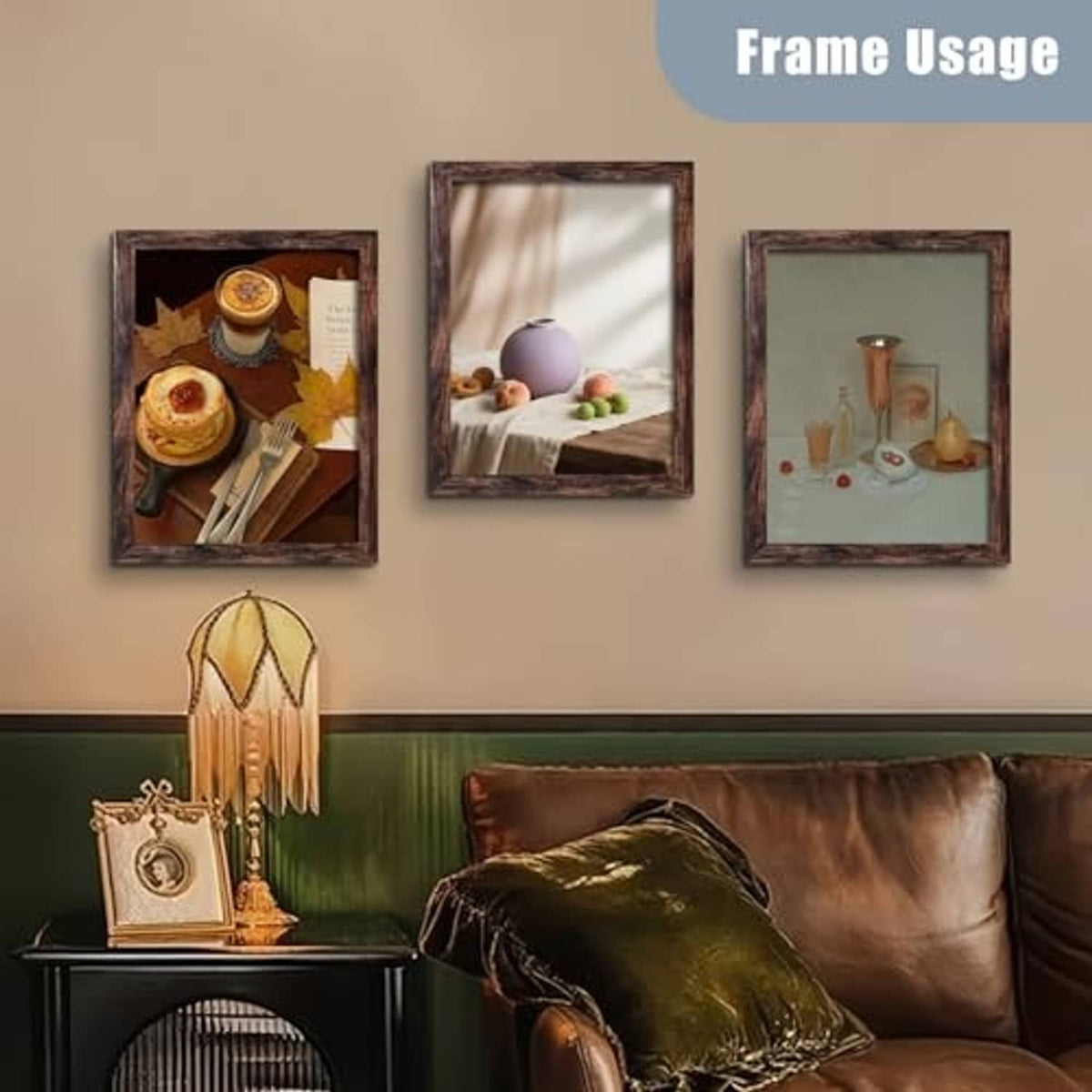 Set of three brown wall picture frames showing food and still-life prints