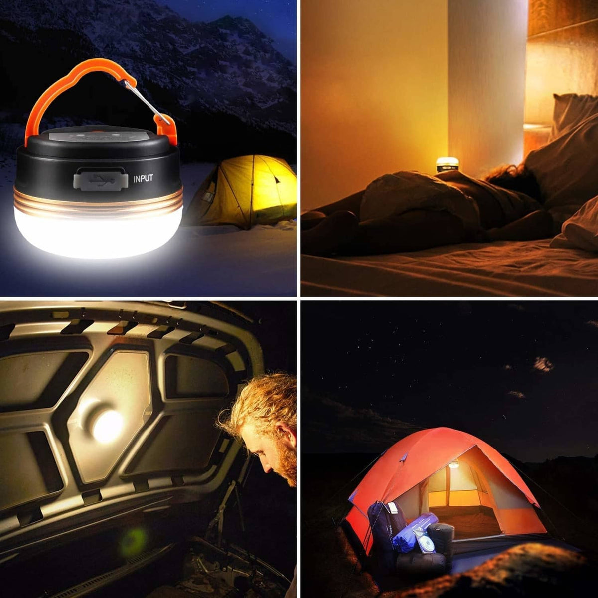 Lit orange-handled LED camping lantern emitting warm light