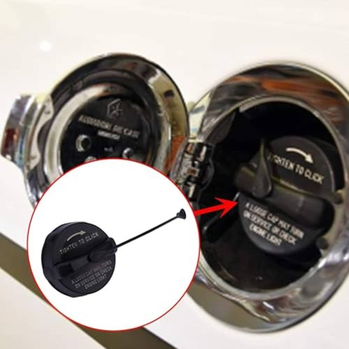 Fuel tank filler cap with tether and tighten-to-click text marking