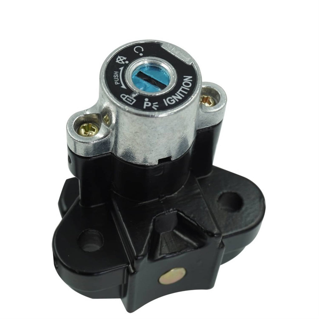 Ignition switch cylinder with blue push-to-ignition label and metal mounting base