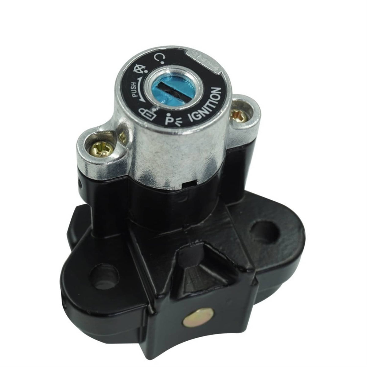 Ignition switch cylinder with blue push-to-ignition label and metal mounting base