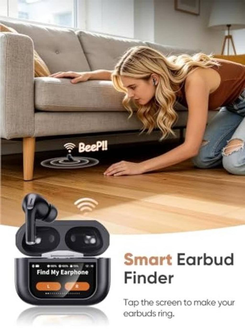Wireless earbuds charging case on wooden floor with woman reaching toward earbuds
