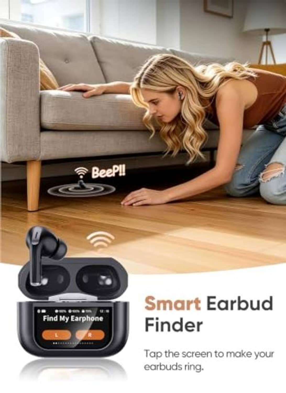 Wireless earbuds charging case on wooden floor with woman reaching toward earbuds