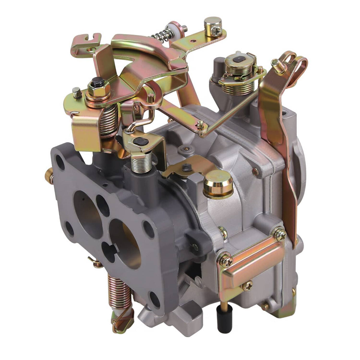Carburetor with large intake flange, copper-toned cover, and spring-loaded arms