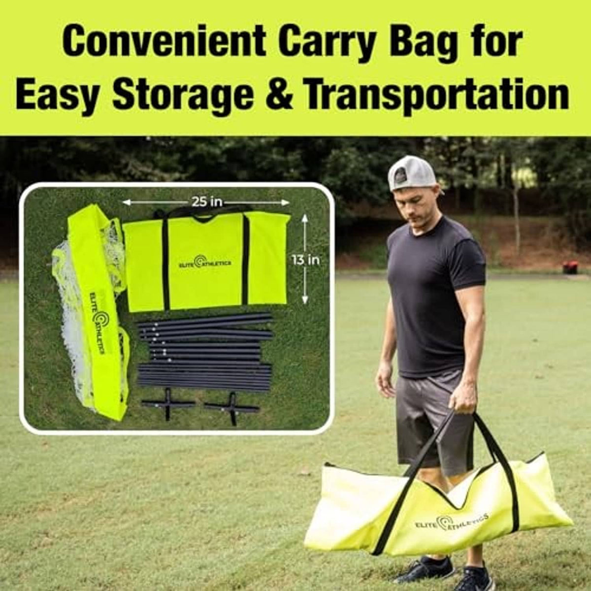 Convenient carry bag with baseball practice net accessories and spare poles, lime accents