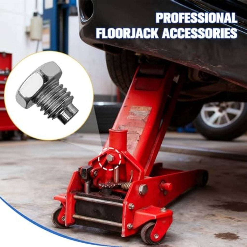 Floor jack handle bolt accessory, silver hex-head screw shown with red jack