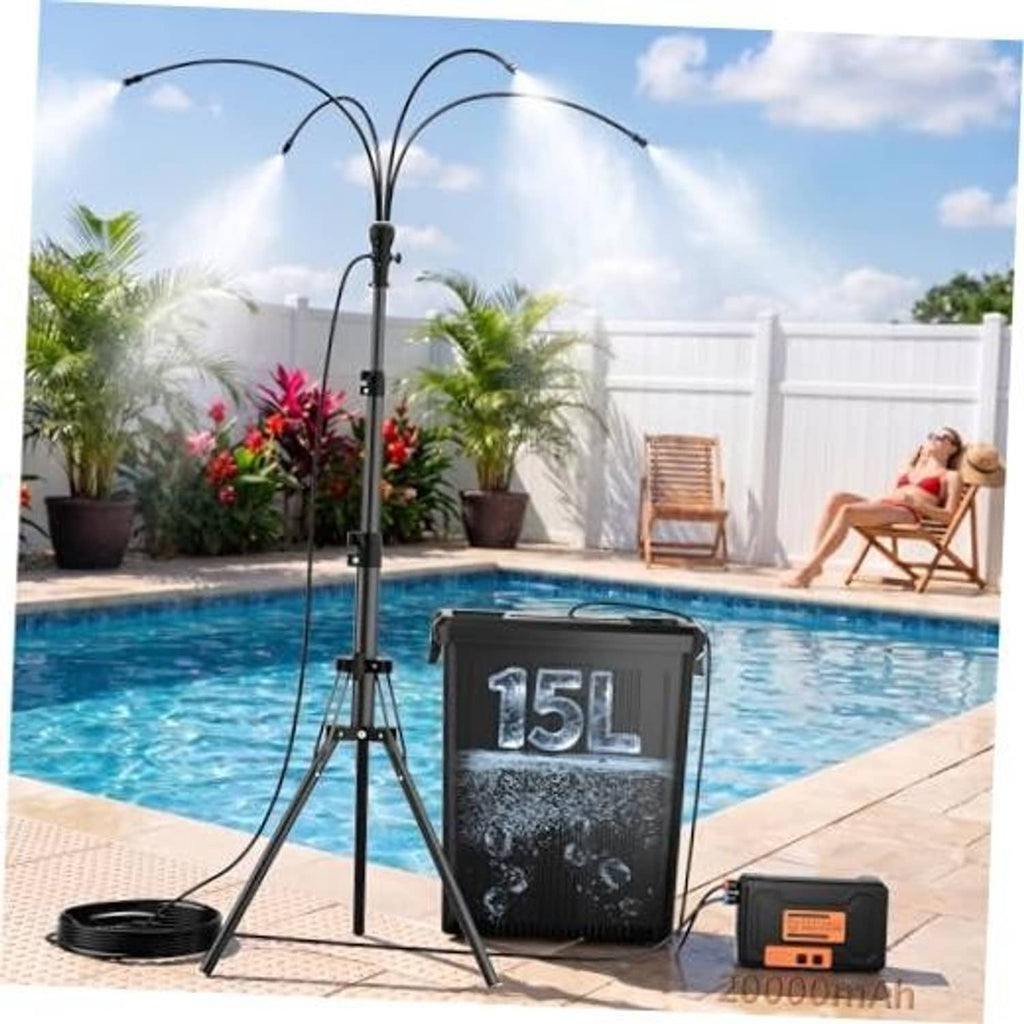 Outdoor standing mist cooling system with 4-gallon bucket and adjustable mist stand