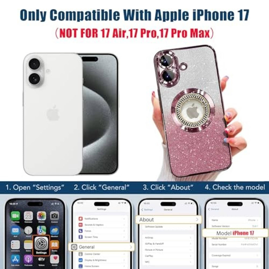 Rose glitter iPhone case with rhinestone magnetic ring and dual camera openings
