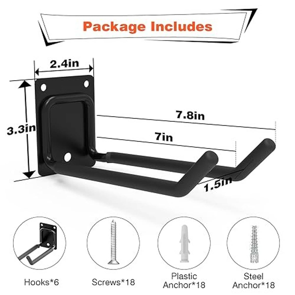 Black wall-mounted garage hook with 7.8 in bar and two curved end grips