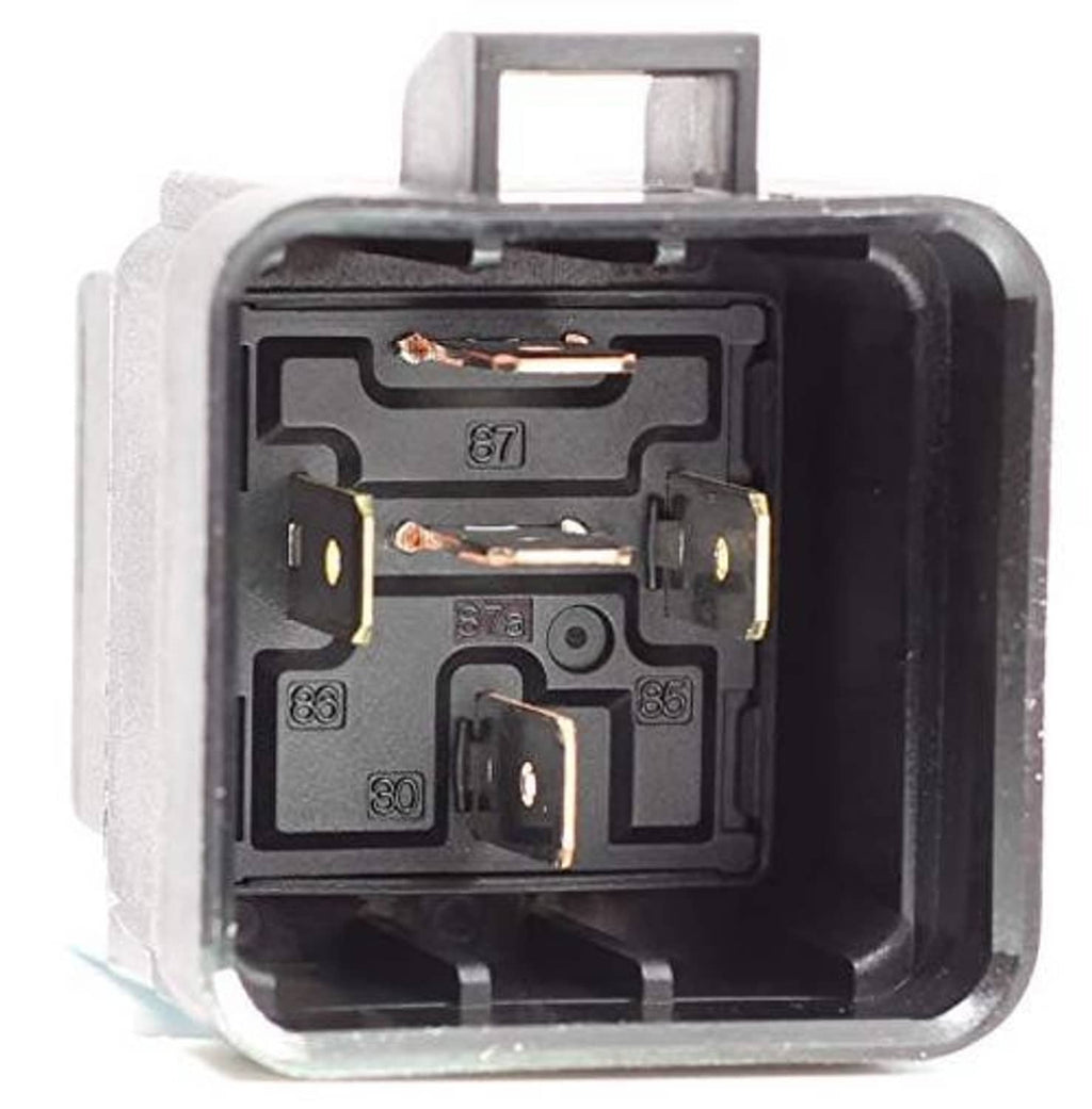 Opened automotive relay with exposed contact terminals inside a weatherproof housing