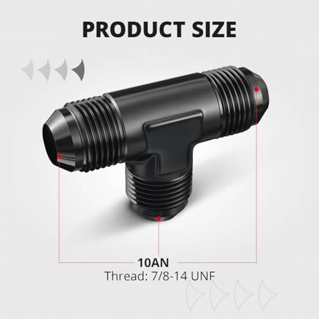 Black AN flare tee fitting with three tapered threaded ends, 10AN size