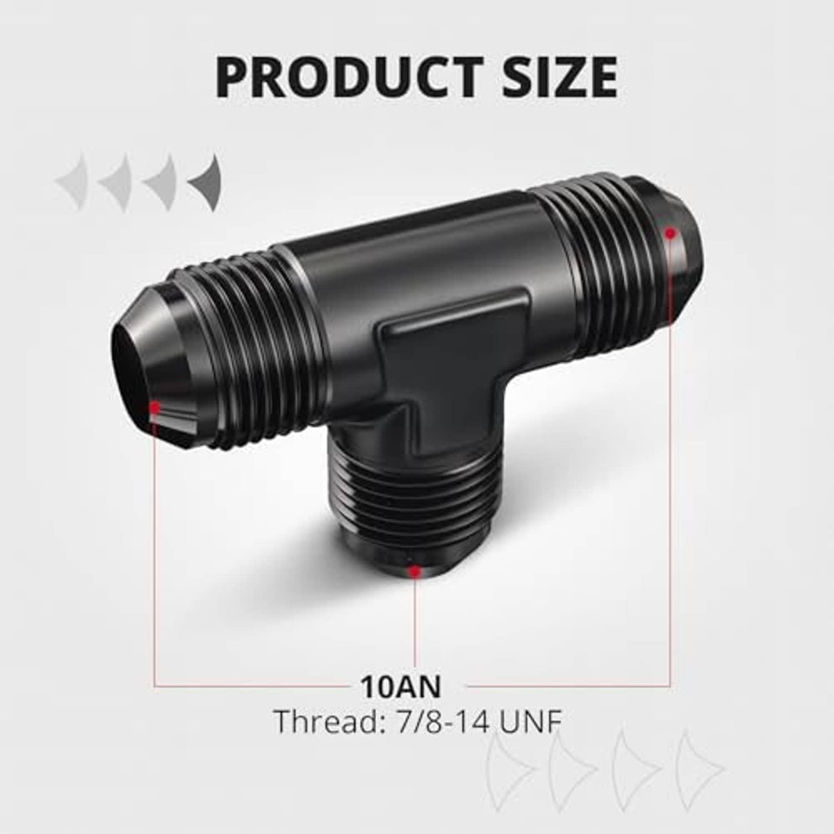 Black AN flare tee fitting with three tapered threaded ends, 10AN size