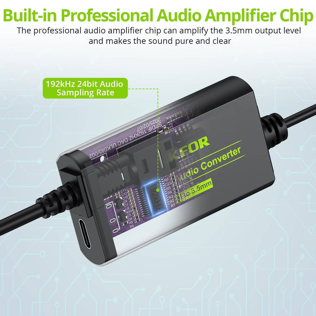 Compact LiNKFOR audio converter with built-in amplifier chip and 3.5mm output