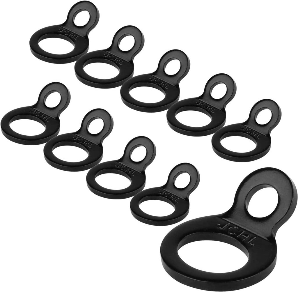 Set of black tie-down strap ring anchors with round strap holes