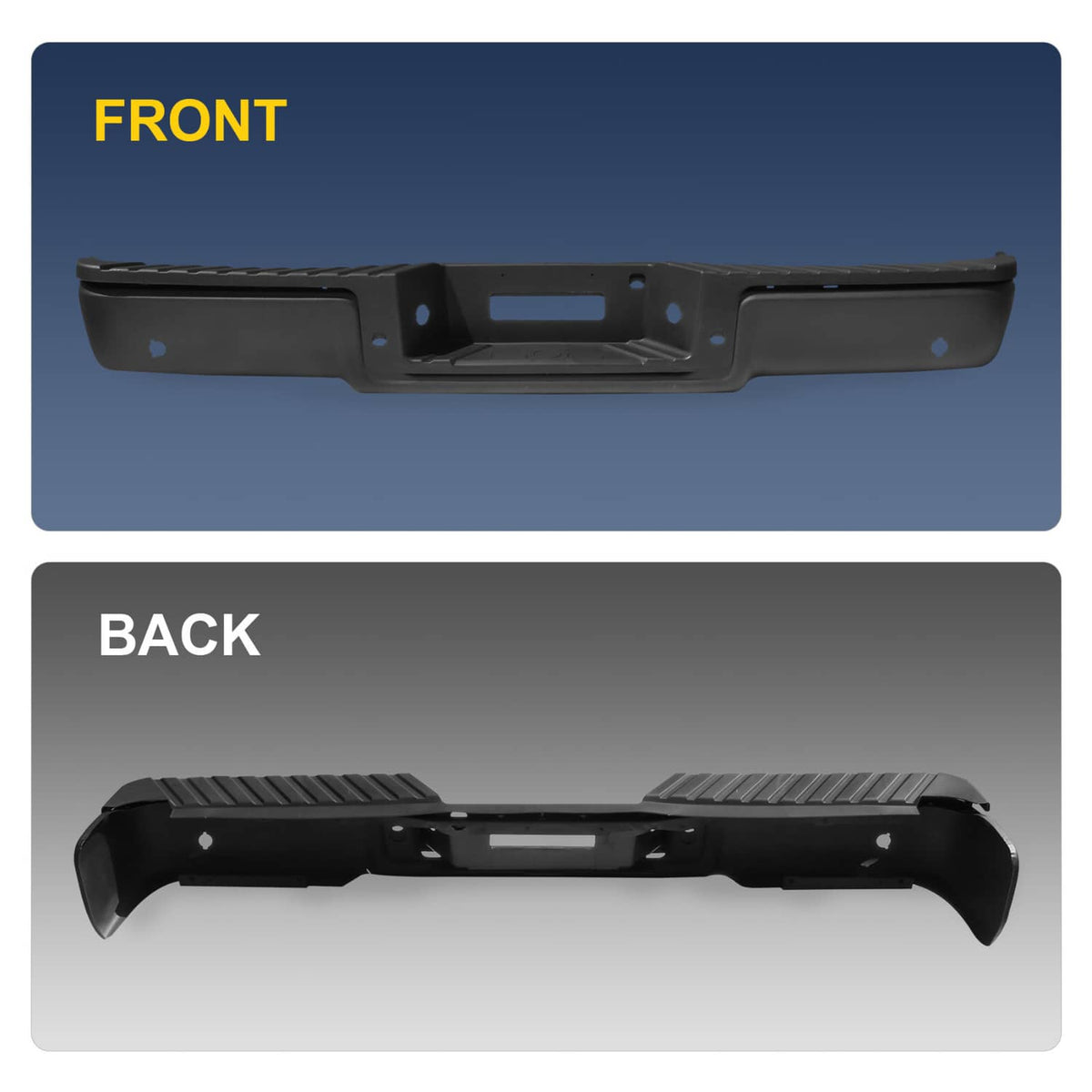 Black rear bumper cover diagram showing textured step with cutouts