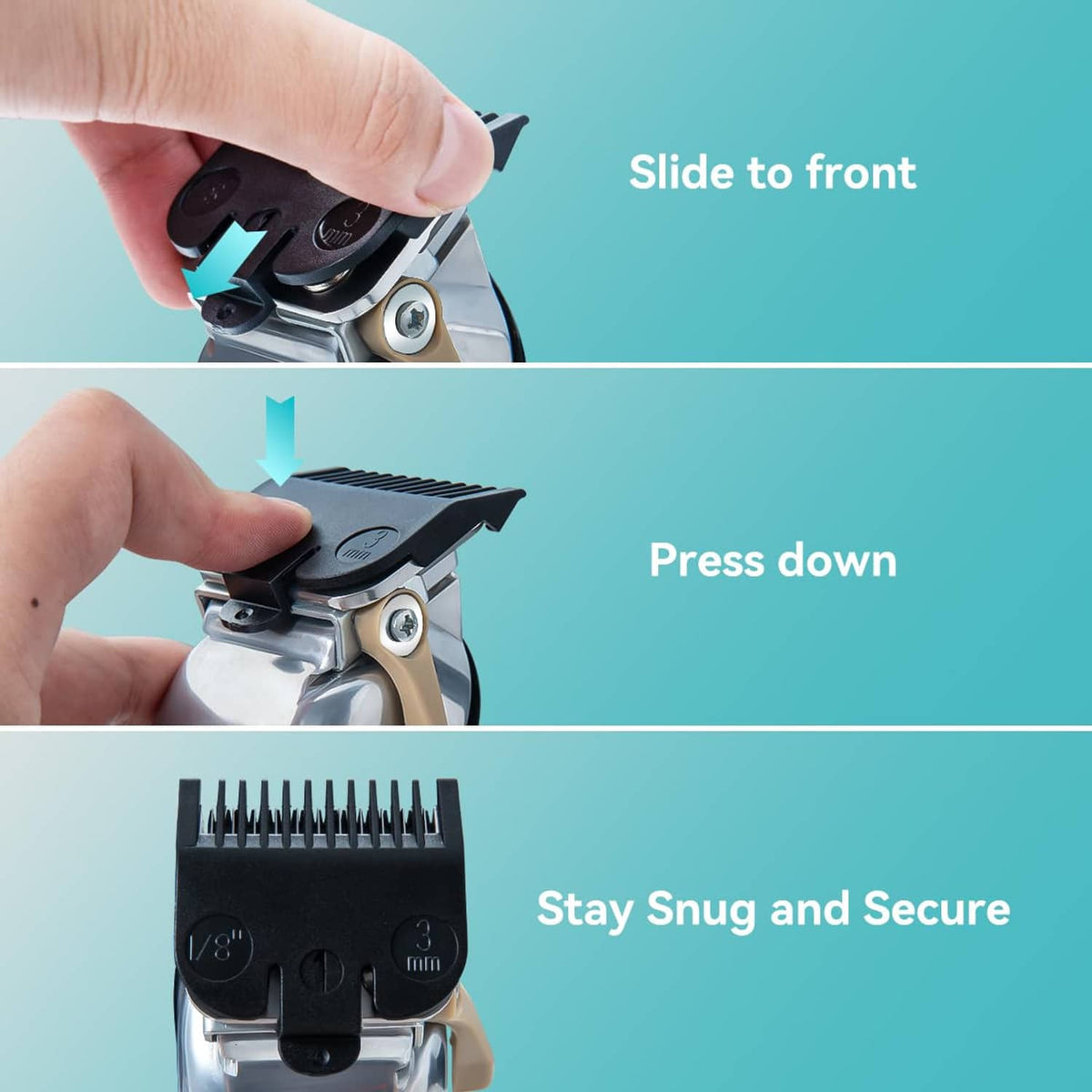 Black clipper guard snapped onto a clipper, shown being slid into place