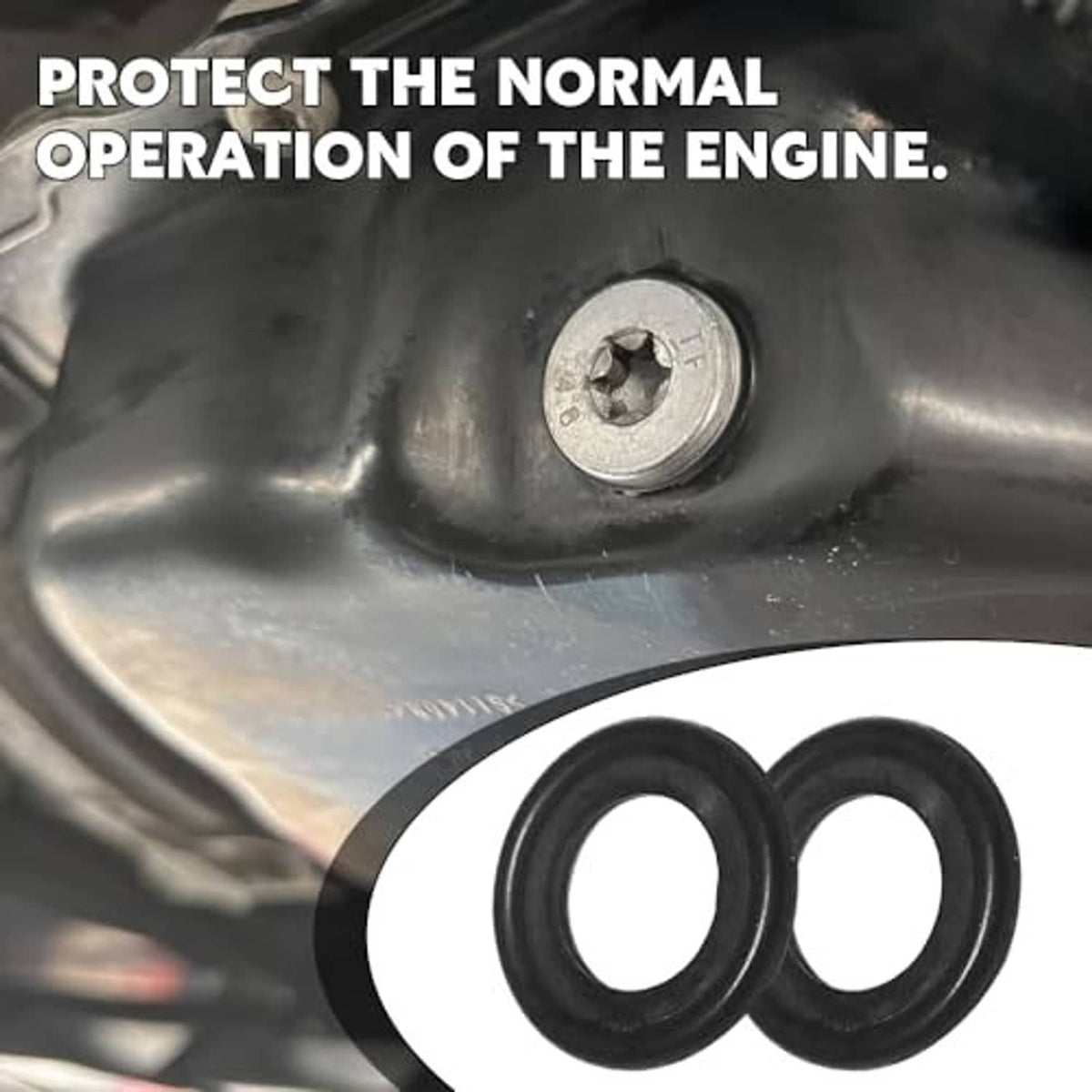 Black rubber oil drain plug crush washers, two sealing rings close-up
