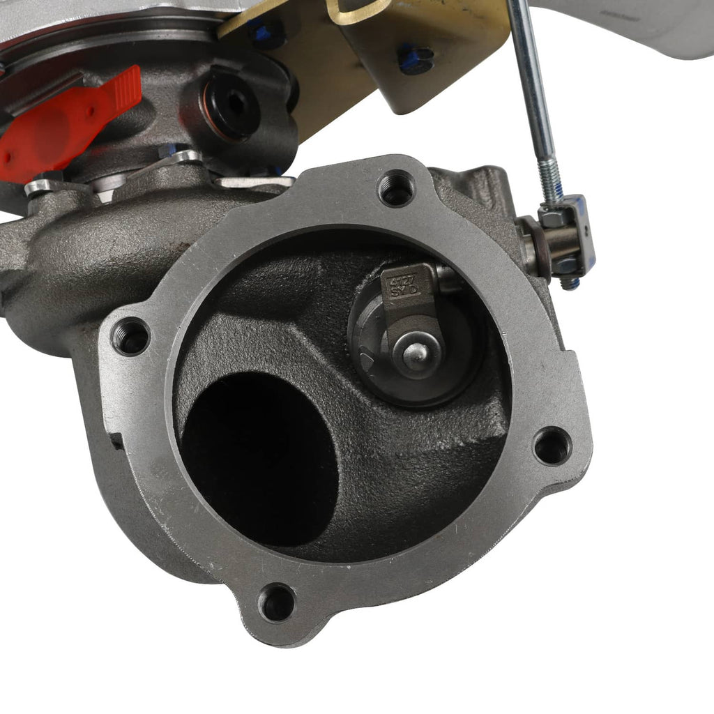 Turbocharger manifold with round black compressor inlet and mounting bolts