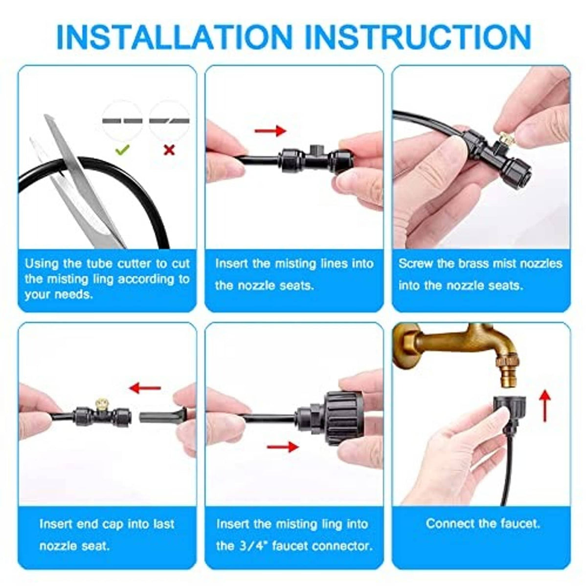 Black misting line connectors and nozzle seat shown during installation steps